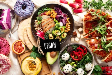  Vegan food on wooden background.  Healthy and tasty brunch © bit24