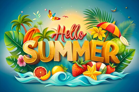 Hello summer typography sales banner design with decoration of plants and fruits