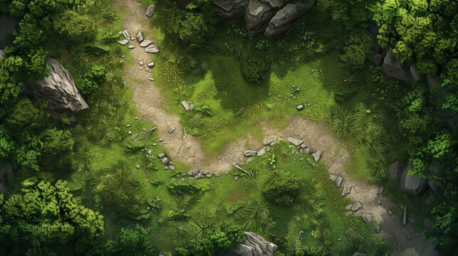 RPG battle map. Hobby roleplaying. AI generated. Fantasy battlefield illustration, cartography forest location