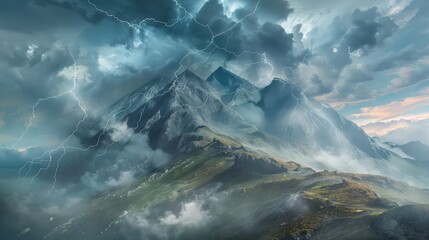 A dynamic mountain landscape mockup during a thunderstorm, with dramatic clouds and lightning, providing a powerful backdrop for weather-resistant outdoor gear.