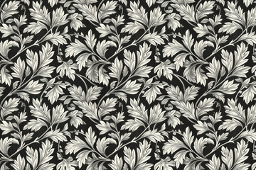 Toile pattern tapestry. Arts and crafts. Monochrome botanical pattern background. Created with Generative AI technology. - obrazy, fototapety, plakaty