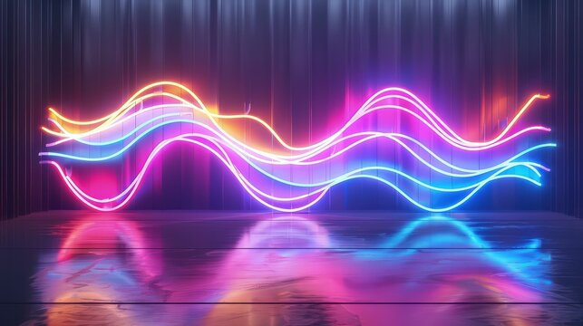 A Dynamic Neon Sign Featuring A Cascade Of Multicolored Waves, Creating A Visual Spectacle In A Dark Room With A Sleek Metal Surface. 