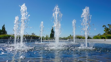 A dynamic water feature with jets of water shooting upwards, creating an energetic display. The backdrop is a clear blue sky, ideal for copy, and a modern garden setting. 