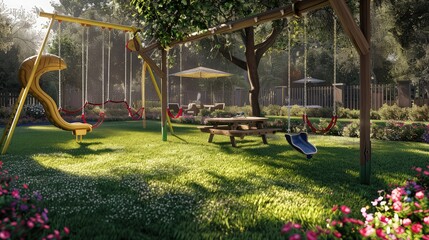 Obraz premium A family-friendly backyard with a playground set, including swings and a slide, on a safe, soft grass area. There's a picnic table under a shaded area, surrounded by flowering shrubs.