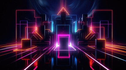 Abstract Neon Geometric Shapes on Vibrant Futuristic Background.
