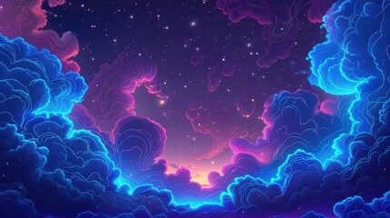 A fantastical sky with swirling neon clouds in shades of electric blue and vivid magenta, set against a backdrop of twinkling stars in a deep purple night sky. 