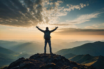 silhouette of a lone person standing on top of a mountain with arms stretched towards the sky to celebrate their success - obrazy, fototapety, plakaty