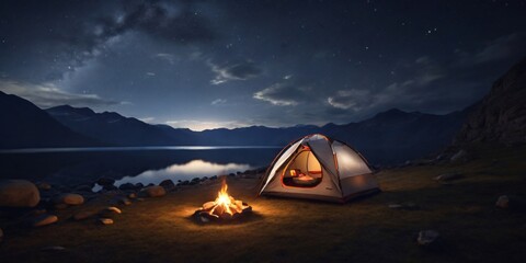 Fototapeta na wymiar Camping Tent Under a Starry Night summer nights
