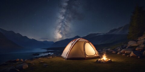 summer adventure Night Camping by Milky Way fireplace cooking  