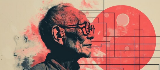 Senior asian man. Halftone minimal poster with trendy monochrome background. Geometry futuristic abstract backdrop. Old people. AI generated