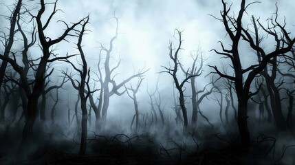 A haunting scene of leafless trees silhouetted against a misty, white sky in a dark, foggy forest. 