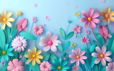 3D cartoon flower background, realistic illustration of spring flowers