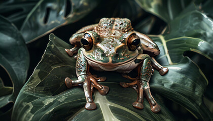 Amazonas frog on a green leaf. Generative ai design art concept. - obrazy, fototapety, plakaty