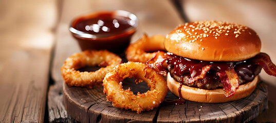 Bbq burger with bacon, sauce and onion rings on wooden table. Generative ai design concept.