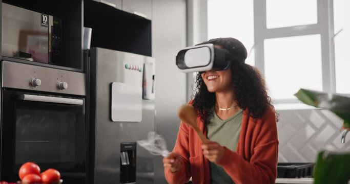Virtual reality glasses, kitchen and woman dancing, smile and energy with movement and audio with utensils. Home, person and girl with VR headset and celebration with immersive experience and excited