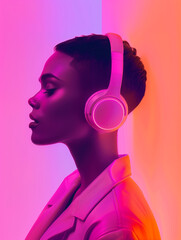 A black woman wearing headphones against a pink and purple gradient background, in the style of portrait photography with a neon light effect and minimalism in pastel colors. Minimal music cover
