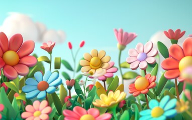 3D cartoon flower background, realistic illustration of spring flowers
