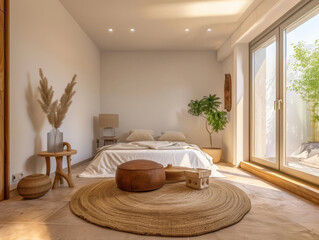 Fototapeta na wymiar Serene minimalist bedroom in peach tone. Interiors composition in a luxury home