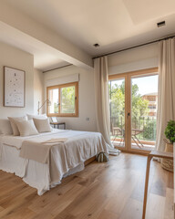 Serene minimalist bedroom in peach tone. Interiors composition in a luxury home
