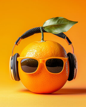 An orange wearing black sunglasses and headphones against a vibrantly orange background in a simple design in the style of a fun advertising style promotional poster. Minimal summer idea