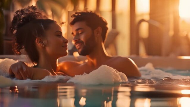 Relaxing Spa Night with Friends: Two smiling people holding candles, glasses of wine and water, enjoying a cozy spa atmosphere together
