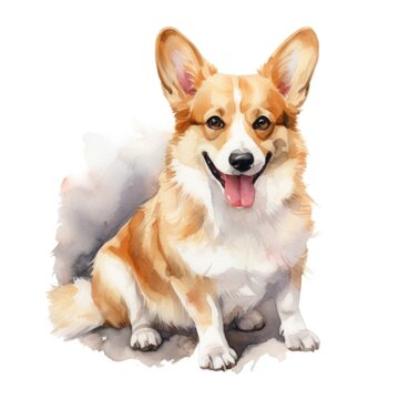 Pembroke welsh corgi dog sitting watercolor illustration. Cute pet, animal painting
