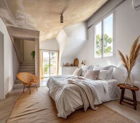 Serene minimalist bedroom in peach tone. Interiors composition in a luxury home