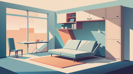 A digital illustration of a living room in a downsized apartment with clever spacesaving solutions such as a murphy bed and foldable furniture