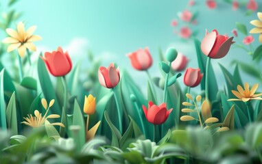 3D cartoon flower background, realistic illustration of spring flowers