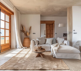 Fototapeta premium Serene minimalist bedroom in peach tone. Interiors composition in a luxury home