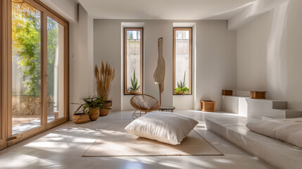 Fototapeta na wymiar Serene minimalist bedroom in peach tone. Interiors composition in a luxury home