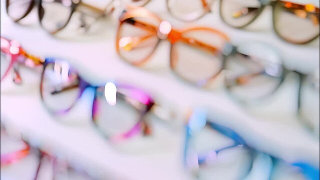 A collection of eyeglasses with various frame designs and colors