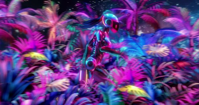 Loop animation collage. Futuristic robot girl running in neon jungle. The perfect background for music
