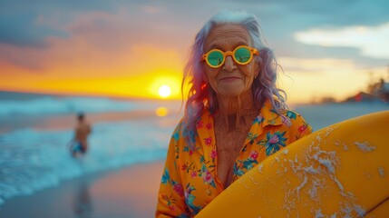 Elderly bohemian woman in sunglasses holding a surfboard on a tropical beach at sunset. Fashion and sport in any age