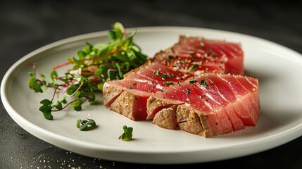 Exquisite food photography showcasing a seared tuna steak on a plate, highlighting World Tuna Day for a restaurant menu