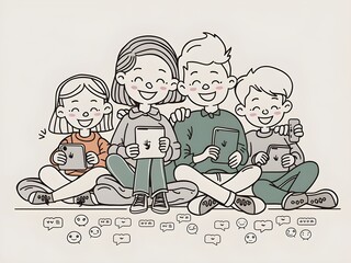 illustration of a family using laptop line art vector 
