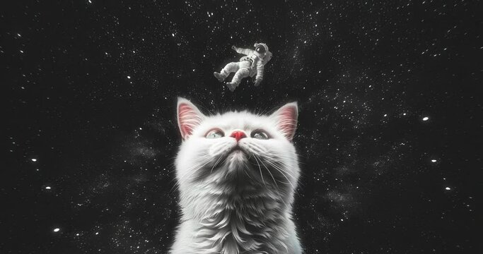 Loop animation collage. Cat and astronaut in space. The perfect background for music