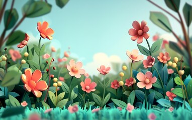 3D cartoon flower background, realistic illustration of spring flowers