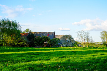 An overgrown and seemingly abandoned farmhouse with a damaged roof sits in contrast to the vivid green fields around it under a bright blue sky with scattered clouds. The rural scenery captures a