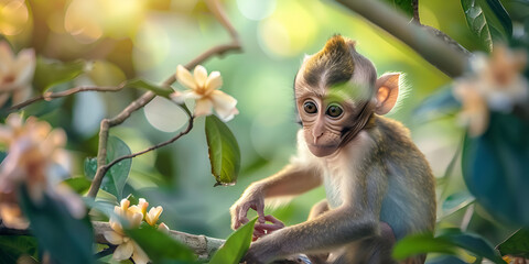 Monkey on a branch of a tree with yellow flowers in the background 