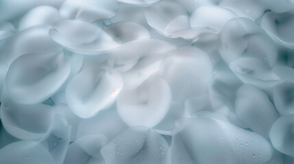 Abstract background of white petals in the air, with a light blue color tone, creating an ethereal and dreamy atmosphere. 