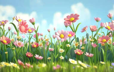 Obraz na płótnie Canvas 3D cartoon flower background, realistic illustration of spring flowers