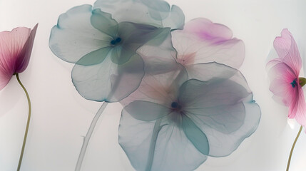 A series of translucent flowers, each with a different color and shape, floating in the air against a white background.  Floral spring background
