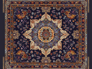 3D Persian rug with intricate patterns, vector art, vibrant hues