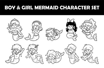 Boy and girl mermaid character outline sketch vector illustration set