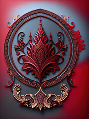 Realistic tattoo design of a fantasy scenery, gothic ornamentation, in crimson and bronze,white background, Ai generated - 782860347
