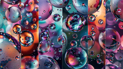 A series of colorful bubbles with varying sizes and colors, each containing different textures and shapes, creating an abstract background.  - obrazy, fototapety, plakaty