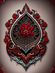 Realistic tattoo design of a fantasy scenery, gothic ornamentation, in crimson and bronze,white background, Ai generated
