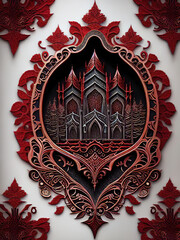 Realistic tattoo design of a fantasy scenery, gothic ornamentation, in crimson and bronze,white background, Ai generated - 782860358