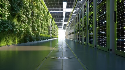 A modern, eco-friendly data center with green walls and solar panels, integrating advanced technology with sustainable energy solutions. 